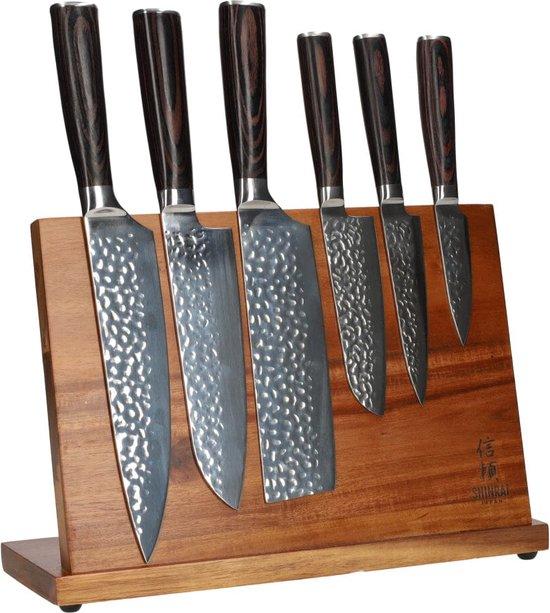 Productafbeelding: Shinrai Knives - Messenset met Blok - 6 delig - Messen met Magnetisch Messenblok Enkelzijdig - Koksmes - Hammered RVS - Met Luxe Geschenkdoos - Messenhouder - Keukenmes - Koksmes