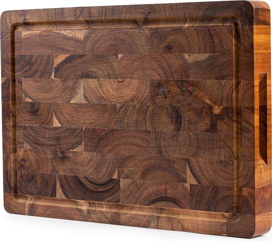 Productafbeelding: Professionele Snijplank Acacia Hout met Sapgeul en Handvaten – Anti-slip Borrelplank - Hakblok Kopshout 26x38x3.5 cm - VDN