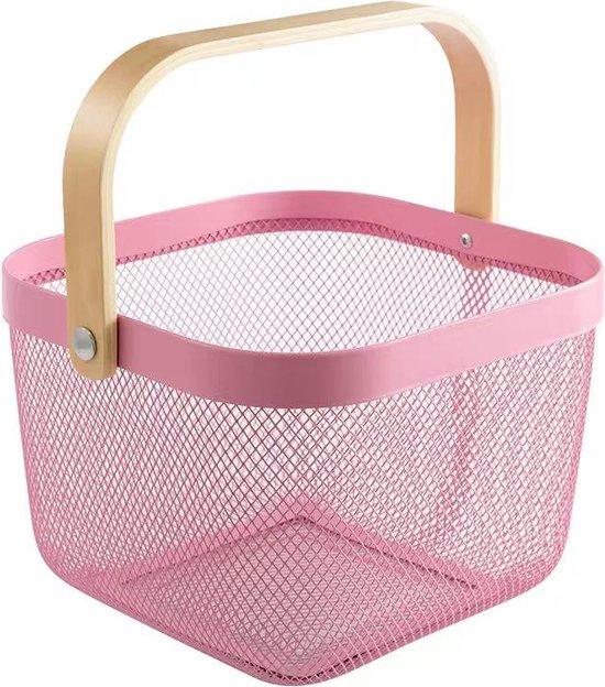 Productafbeelding: RVS boodschappen mandje fruitmandje winkelmandje met houten hengsel (24x24x18cm) lichtpaars