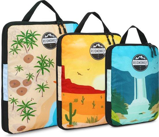 Productafbeelding: Reismonkey Packing cubes compression - 3 delige set met print - koffer backpack en bagage organizer met compressierits