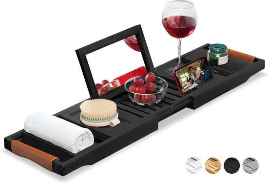 Productafbeelding: RelaxTub® Badplank - Bamboe - Verstelbaar Badrek voor in Bad - Anti-Slip - Inclusief Boekenhouder, Tablethouder & Spiegel - Zwart
