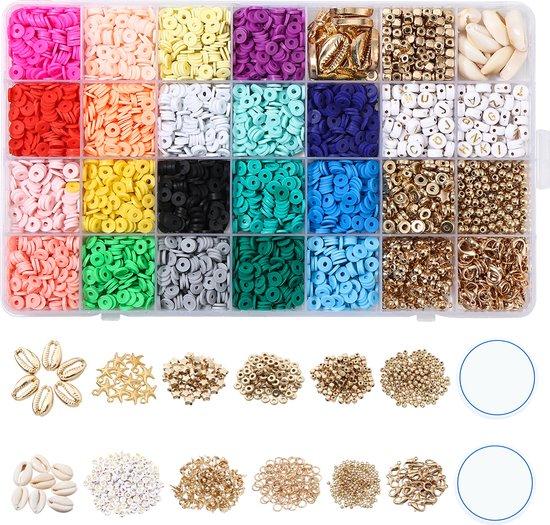 Productafbeelding: Behave Premium Katsuki Kralen Set - Polymeer kralen - Kralenset - Platte kralen - Goudkleurig - Bedels - 28 Vakjes - 19 Kleuren - 6mm - Veel accessoires