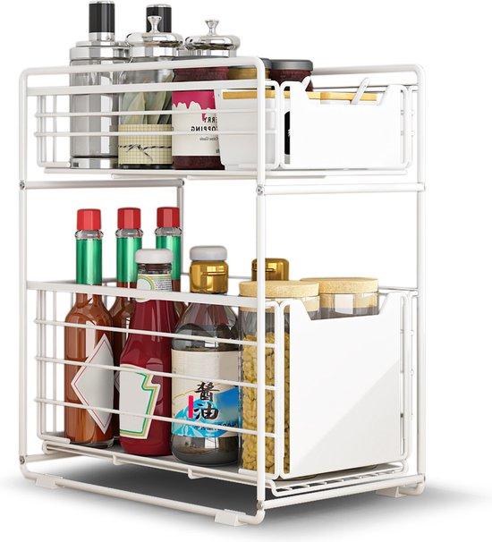 Productafbeelding: BROËL™ Gootsteenkast Organizer - Schuiflades - Keuken Organizers - Aanrecht Organiser – Kruidenrek - Gootsteen Organizer - Wit - Ladesysteem - Kast Organizer - Gootsteenkast Organizer - Keukenrek - Tweelaags – Metaal – Antislip