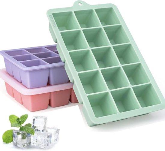 Productafbeelding: ZYLARO 3-delige siliconen ijsblokjesvorm - ijsblokjesvormen - met deksel - vaatwasmachinebestendige - 3x15 cellen 3 cm grote ijsblokjes - voor bier, cocktails, whisky, koude dranken, ijs, babysnacks - groen/paars/roze