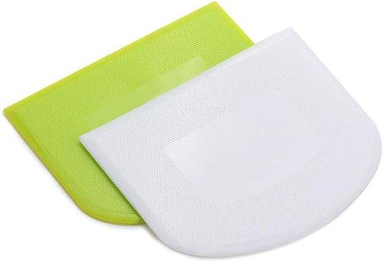 Productafbeelding: 2 stuks deegkrabber, komvormige schraper, voedselveilige plastic deegsnijder, flexibele plastic schraper, praktische bankschraper, multifunctionele voedselkrabber voor brooddeeg, cake, fondant, glazuur, wit, groen