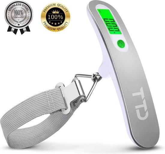 Productafbeelding: TTD® Kofferweegschaal met Verlicht Scherm - Weegcapaciteit 50 kg - Bagageweegschaal - Bagageweger - Hangweegschaal - Digital Luggage Scale - Kofferweger - Reizen met Vliegtuig - kg/g/lbs/oz - Inclusief Batterijen - Wit
