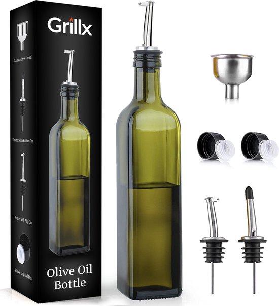 Productafbeelding: GrillX Olijfolie fles met schenktuit - 500ml - Glazen Oliefles - Inclusief Schenkteut, Trechter & Accessoires - BBQ Accesoires - Sprayer