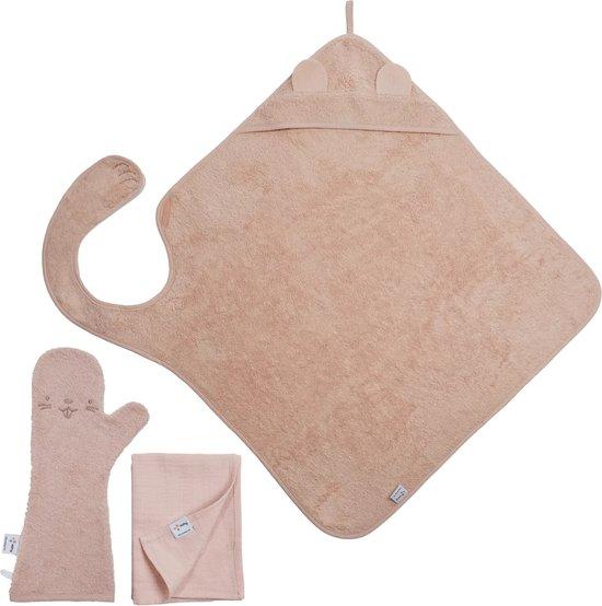 Productafbeelding: The Original Baby Shower Glove met Handsfree Badcape en Hydrofiele doek - Nifty - Baby Washandje - Lange washand - Badcape 100x100 - Washandje Baby - Biologisch Katoen – Blush