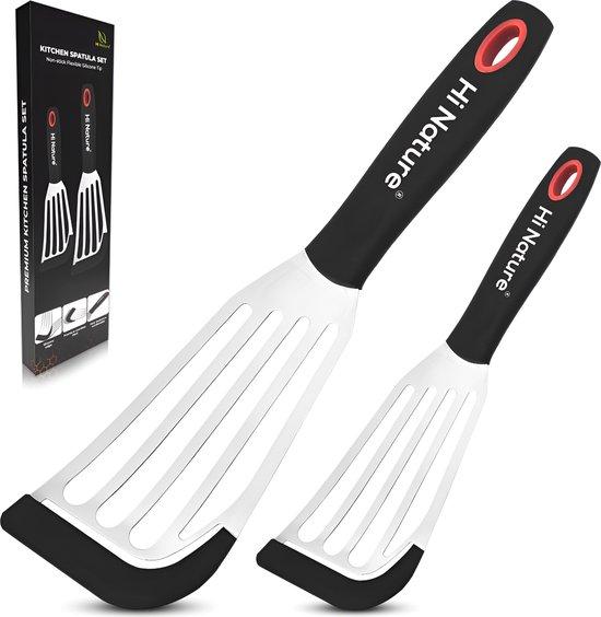 Productafbeelding: HI NATURE™ Spatels - Premium Roestvrijstalen Spatel set met Siliconen tip - Grillspatel - Visspatel | Hittebestendig - Vaatwasserbestendig Spatelset | Anti-aanbak BBQ Spatels - Keukenspatel - Bakspaan | BPA vrij Keukengerei set (RVS)