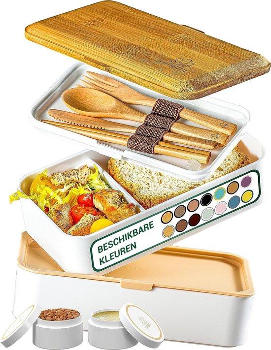 Productafbeelding: Umami® All-in-1 1,2L Bento lunchbox volwassenen met bestek (Bentobox Wit Bamboe), 2 sauscontainers als lunchboxen Salade - Snack Bento Box, lekvrije lunch box, inclusief accessoires - brooddoos met compartimenten voor maaltijdbereiding - Broodtrommel