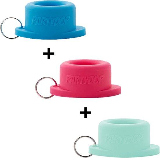 Productafbeelding: PartyDop - Universele flessendop - Festival dop - Met sleutelhanger - roze - blauw - mintgroen - 3 stuks