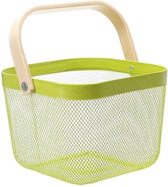 Productafbeelding: RVS boodschappen mandje fruitmandje winkelmandje met houten hengsel (24x24x18cm) lichtgroen