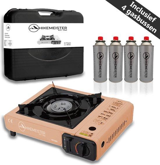 Productafbeelding: Hikemeister ® camping kooktoestel 1 pit 2200 KW draagbaar - Peach – Inclusief 4 gasbussen - met Nederlandse beschrijving en CE – Butaangas Gasstel Gasfornuis Gaspit - Campingkooktoestel Gas Kookplaat - Met Koffer