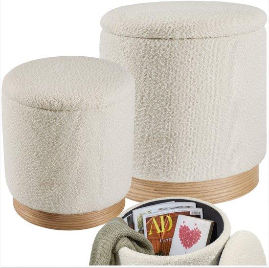 Productafbeelding: tectake® Set van 2 Krukken met Opbergruimte - Bouclé Teddy Stof Poef - Scandi - Gestoffeerde Kruk Rond - Krukje - Krukjes voor make-uptafel, slaapkamer, woonkamer - 2 maten (38 en 32cm)