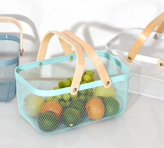 Productafbeelding: RVS boodschappen mandje winkelmandje met houten hengsel (40x25x18,5cm) makaron blauw