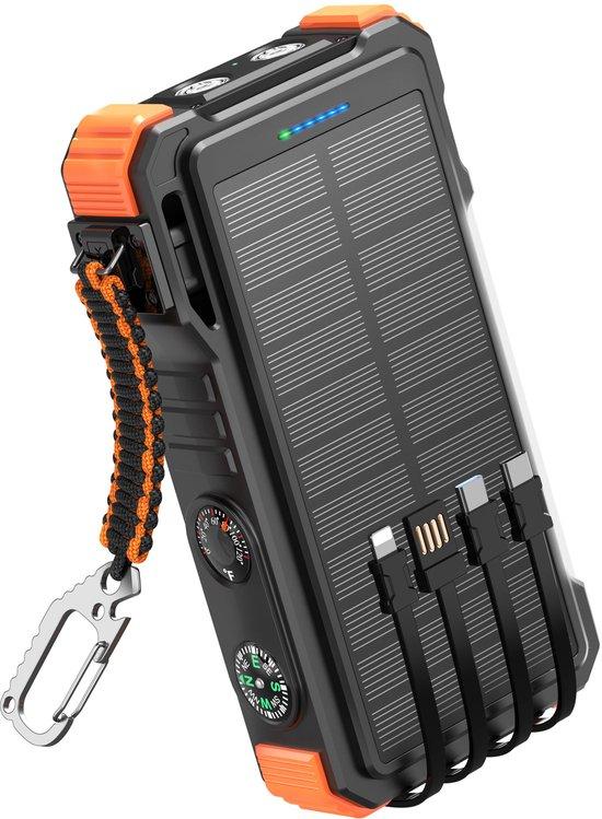 Productafbeelding: Siltcon® Solar Powerbank 20000 mAh - Powerbank Zonneenergie - Powerbank - Noodpakket - Draadloze Powerbank 15W - 22.5W Snellader - LED Indicatie - Zaklamp - Geschikt voor iOS/Android - USB-A/USB-C - 4x Ingebouwde kabels