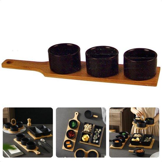 Productafbeelding: 4-Delige Serveerset - Tapas Set - Tapas Schaaltjes op Tapasplank - Houten Plank 49cm x 9cm - 3x Keramische Schaaltjes 8cm - Serveerplank Set