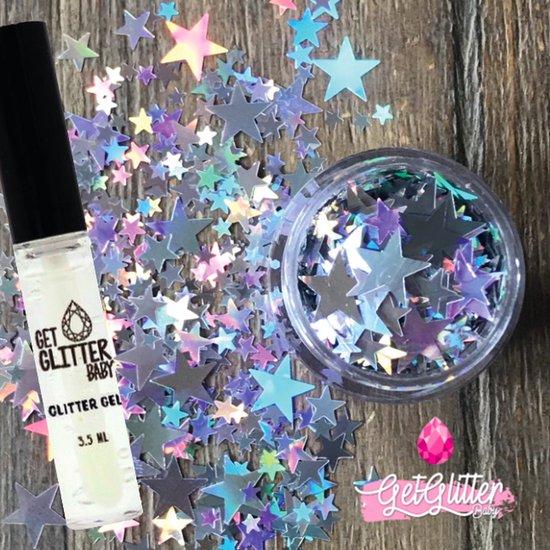 Productafbeelding: GetGlitterBaby® - Biologische / Biologisch afbreekbare Zilveren Sterren Chunky Festival Glitters voor Lichaam en Gezicht Jewels / Biodegradable Face Body Glittergel - Zilver Sterretjes en Glitter Gel HuidLijm