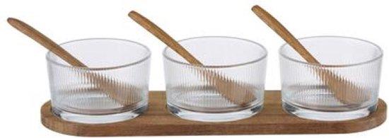Productafbeelding: Serveer/borrel plank set schaaltjes/kommetjes - 7 delig - glas/hout - met lepeltjes - borrelen