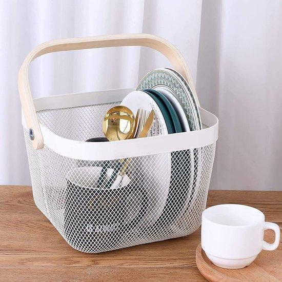 Productafbeelding: RVS boodschappen mandje fruitmandje winkelmandje met houten hengsel (24x24x18cm) wit