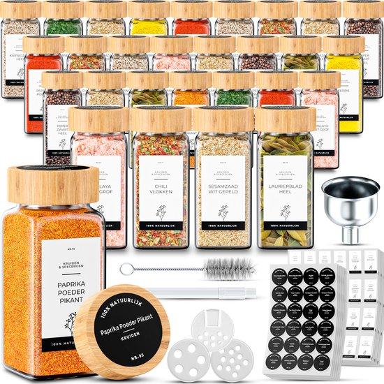 Productafbeelding: Organess 42 Glazen Kruidenpotjes Vierkant met Bamboe Deksel – 3 Soorten Strooideksels – Kruidenstrooier – Spice Jars – Complete Set incl Kruiden Stickers, Krijtstift en Accessoires – 120ml