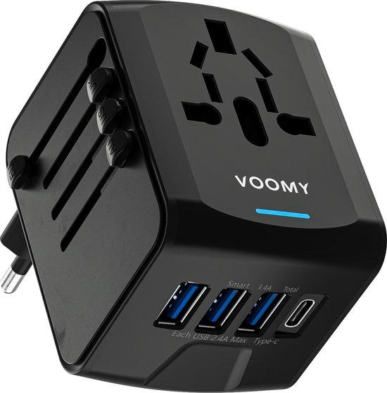 Productafbeelding: Voomy Reisstekker 170+ landen - Universele Wereldstekker - 1 USB-C & 3 USB-A - Reisadapter Wereld Amerika (USA), Engeland (UK), Australië, Zuid Amerika, Afrika, Italië, Thailand - zwart
