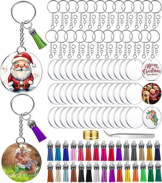 Productafbeelding: 200-Delig DIY Sleutelhangers Maken Knutselpakket met Sleutelringen, Kwastjes en Blanco Transparant Plastic Plexiglas - Foto/Sleutellabels Personaliseren voor Volwassenen - Knutselen Meisjes, Jongen Sieraden Hobby - Leeg Acryl Plaat Keychain Graveren