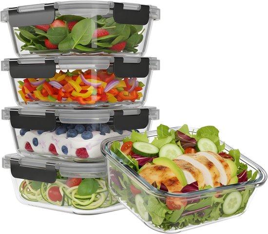Productafbeelding: KitchenBrothers Meal Prep Bakjes - Glazen Vershoudbakjes - Luchtdicht - BPA Vrij - 1L - Glas - 5 Stuks