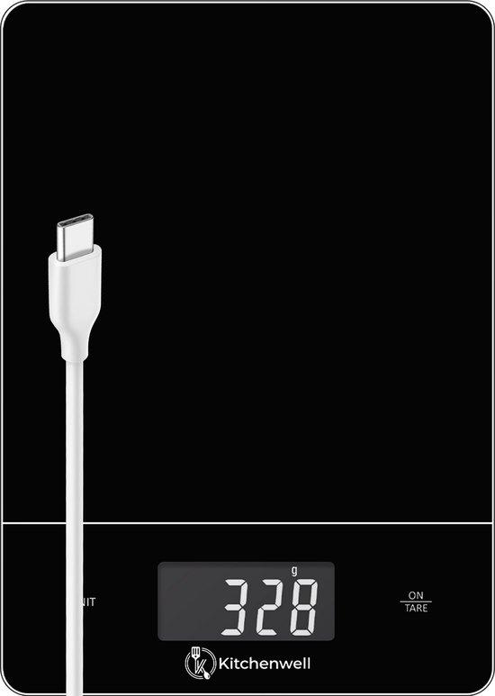 Productafbeelding: Kitchenwell Digitale Precisie Keukenweegschaal – Weegschaal Keuken - 1gr - 15kg – Tarra Functie - USB Oplaadbaar - Zwart
