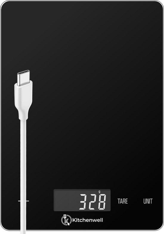 Productafbeelding: Kitchenwell Digitale Precisie Keukenweegschaal – Weegschaal Keuken - 1gr - 15kg – Tarra Functie - USB Oplaadbaar - Zwart