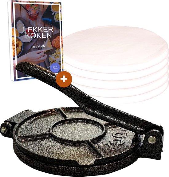 Productafbeelding: YUGN Tortilla Pers 19 CM Roti Maker Hamburgerpers Inclusief 100 Stuks Bakpapier Vellen - Tortilla Maker Tortillapers Ook Als Wrap Taco en Hamburger Pers - Tortilla Press Veelzijdig en IJzersterk Gietijzer- Inclusief eBook - Cadeautip