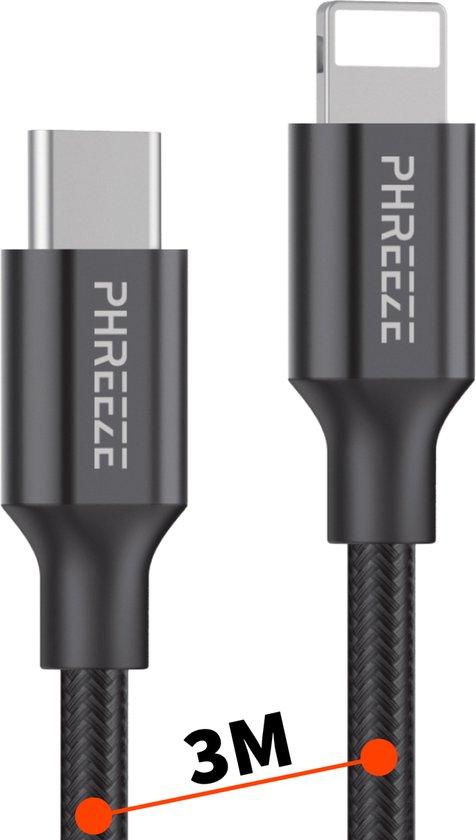 Productafbeelding: Extra Lange 20W Power Delivery 8-PIN naar USB C Kabel - 3 Meter - Nylon Gevlochten - Geschikt voor iPad, Lightning, iPhone - Snellader Oplader Snoer