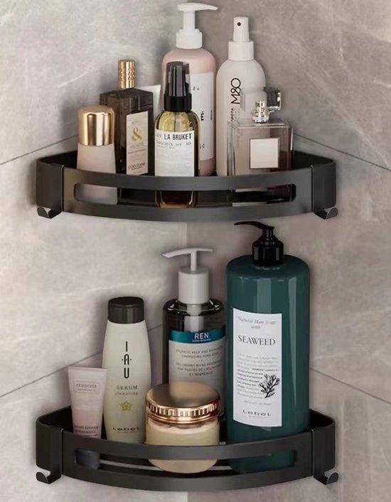 Productafbeelding: Thaisse Doucherek 2 laags- doucherekje Met 4 Haken-Doucheplank - doucherek zonder boren-douchemandje - Badkamerrek - Badkamer Accessoires - Zwart