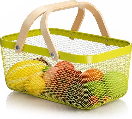 Productafbeelding: RVS boodschappen mandje winkelmandje met houten hengsel (40x25x18,5cm) licht groen