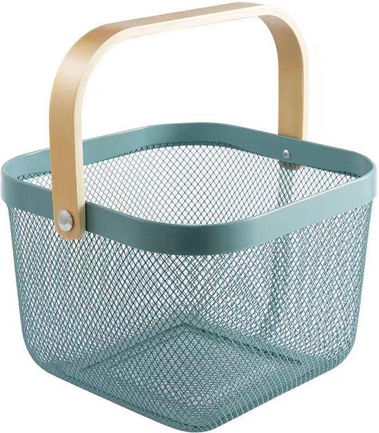 Productafbeelding: RVS boodschappen mandje fruitmandje winkelmandje met houten hengsel (24x24x18cm) grijsblauw