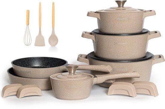 Productafbeelding: Royalty Line® OS1014 Pannenset Inductie - 17 Delige Pannensets - PFOA Vrij - Pan Met 4 Afneembare Koudgrepen - Pannen Geschikt Voor Alle Warmtebronnen - Beige