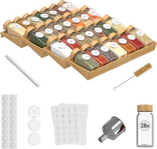 Productafbeelding: Noswo Kruidenrek Lade - Met 28 Potjes - Complete Set - Vierkant - Strooideksel en Labels - Kruiden Organizer - Keukenlade Organiser - Bamboe