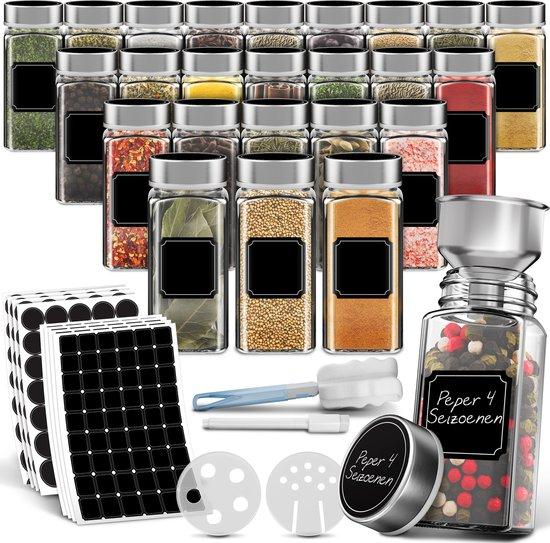 Productafbeelding: Soothe 24 Glazen Kruidenpotjes Vierkant met RVS Deksel – 2 Soorten Strooideksels – Kruidenstrooier – Spice Jars – Complete Set incl Kruiden Stickers, Krijtstift en Accessoires – 120ml