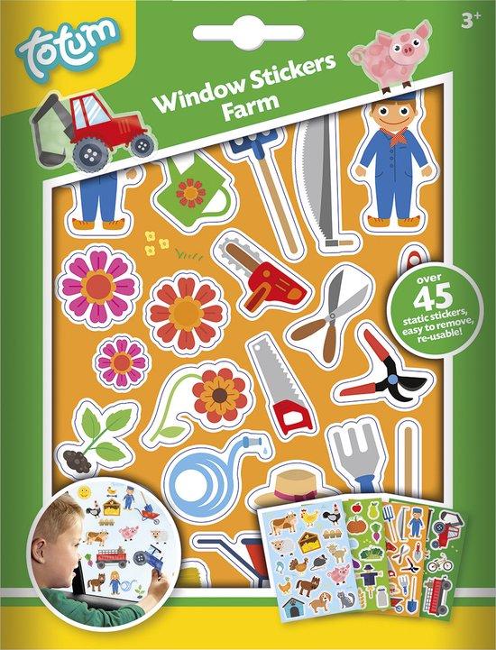 Productafbeelding: Totum boerderij raamstickers - 45 stuks - niet permanente verplaatsbare stickers boerderijdieren, voertuigen, gereedschap en bomen/fruit - incl speeldecor