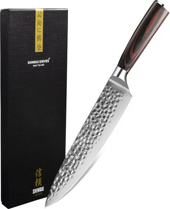 Productafbeelding: Shinrai Knives - Koksmes 20 cm - Koksmes - RVS Staal Mes - Hammered RVS - Met Luxe Geschenkdoos - Keukenmes - Japans Hakmes
